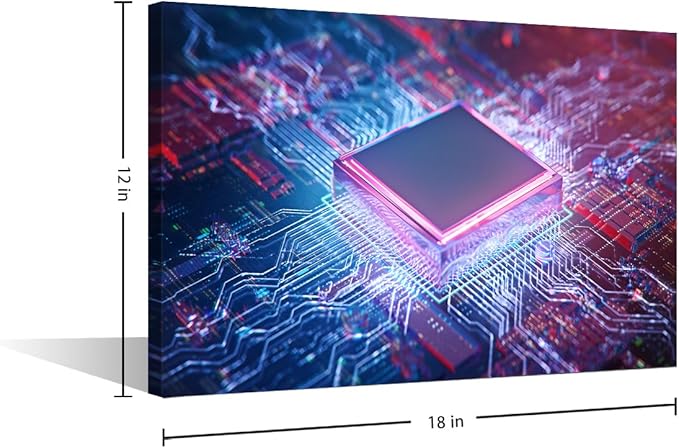 1 Piece Glowing CPU Canvas Wall Art Painting Technology Digital Art Wall Decor for Living Room AI Pictures Print on Canvas Framed Modern Artwork for Home Wall Bedroom Decorations, 18x12in