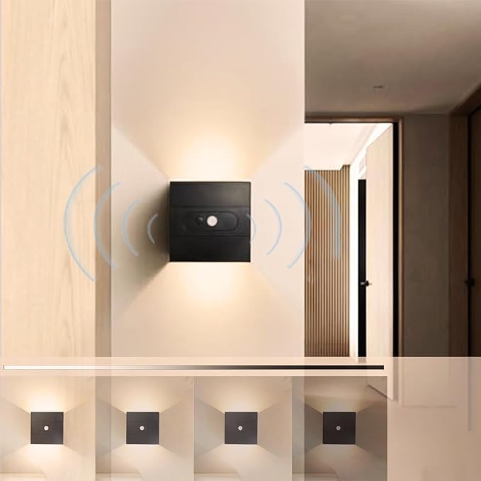 Wall Lights with Motion Sensor Indoor LED Modern Wall Lamp Brightness Adjustable Wall Sconce Recargables USB Con Batería Lighting Fixtures for Living Room Bedroom Corridor (Warm Light,Black)