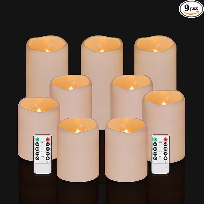 Flameless Candles 4" 5" 6" Set of 9 Ivory Waterproof Pillars 3" Diameter Battery Operated Flickering Candles Include 10-Key Remote Timer Function 400+ Hours by 2 AA Batteries (9 Pack)