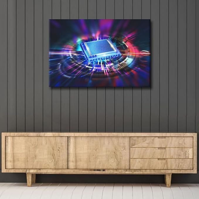 TUMOVO 1 Panel Canvas Painting House Decoration Circuit Board Wall Art CPU Concept Home Decor for Living Room Bedroom Glowing CPU Poster Pictures Modern Office Wall Décor (36x24in)