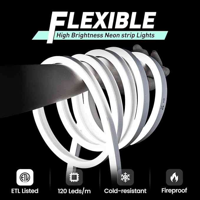 GZBtech Flexible LED Neon Rope Lights 82FT,AC 110-120V Waterproof Strip Light, 120 LEDs/M Cuttable Connectable Neon Lighting for Indoor Outdoor Home Decor/Commercial Use-Cold White 25M, ETL Listed