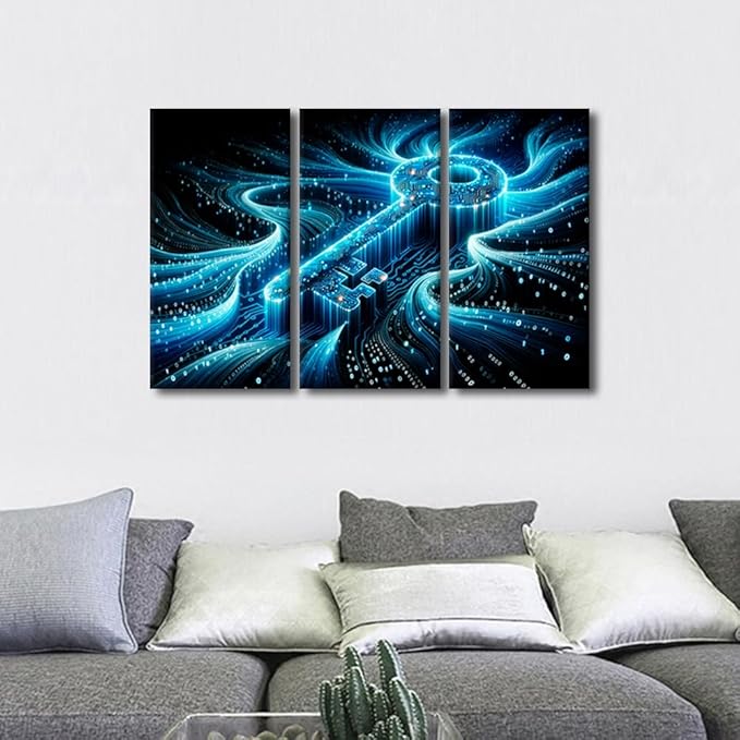 TUMOVO 3 Panel Canvas Wall Art Abstract Cyber Security Concept with Key and Binary Code Pictures Prints, Concepts Artwork for Bedroom Living Room Decoration, Framed Ready to Hang, 36" Wx24 H