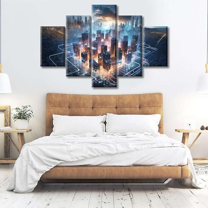 5 Piece Artificial Intelligence Concept Wall Art for Living Room Massive Brain Powering a Futuristic City Painting on Canvas Wall Decor Art Modern Bedroom Wall Art Framed Ready to Hang, (60"Wx40"H)