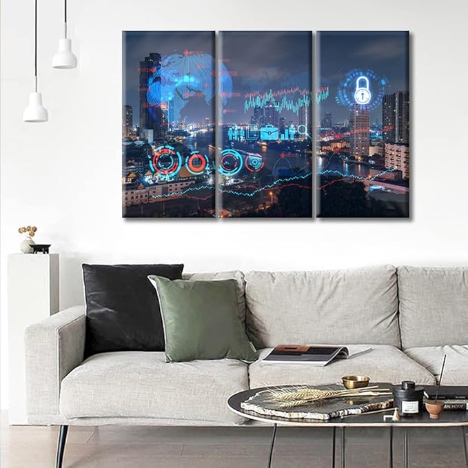 3 Panels City Night Scene as Background Hologram Paintings Modern Home Decor Smart City and Information Technology Abstract Canvas Paintings for Bedroom, Living Room Office Ready to Hang (36"Wx24"H)