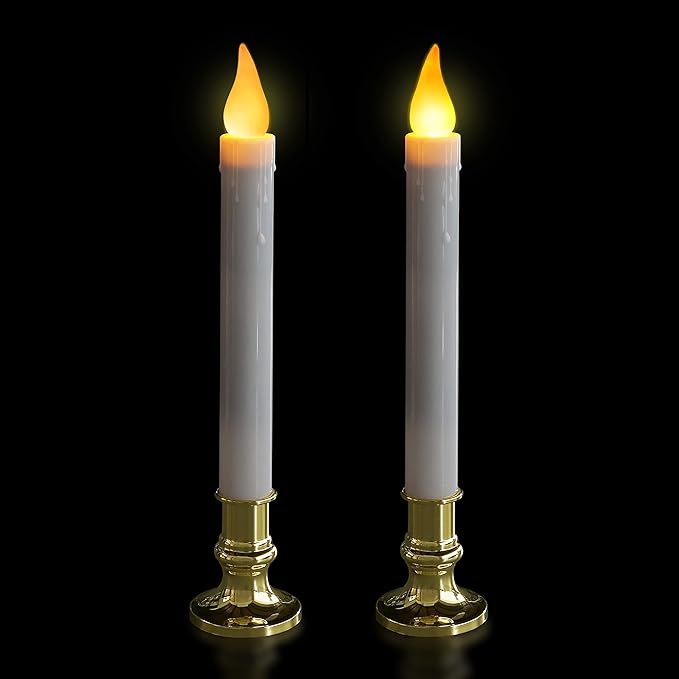 FURORA LIGHTING LED White Taper Candles with Gold Holders Pack of 2 with 5/19 Timer, Elegant Flameless Glow for Home Décor, Batteries Included