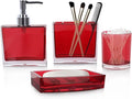 4-Piece Bold Red Acrylic Bathroom Accessories Set — Soap Dispenser, Toothbrush Holder, Soap Dish & Mouthwash Cup, Vanity Countertop Organizer for Red Bathroom Decor