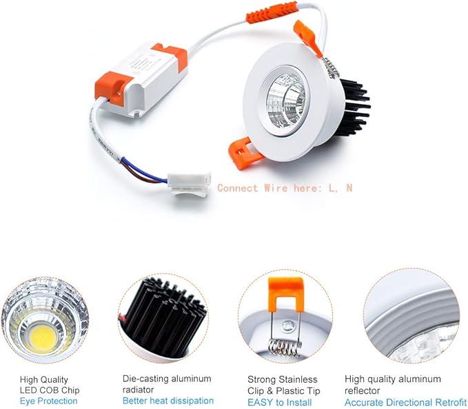 inShareplus 2 Inch LED Downlight, 3W Recessed Lighting COB Dimmable, 5000K Daylight White, CRI80, Ceiling Lights with LED Driver, 1 Pack
