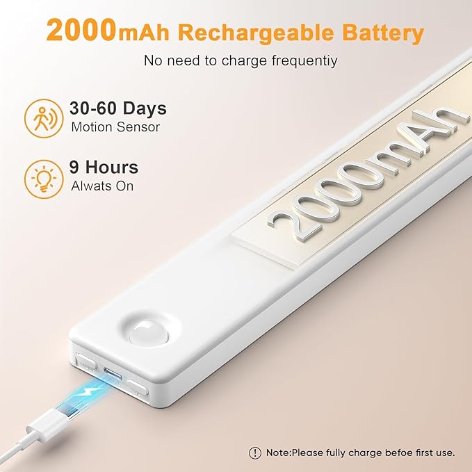 Under Cabinet Lighting, USB Rechargeable Motion Sensor Light Indoor, Battery Operated Closet Light, LED Cabinet Lights, Stick On Dimmable Under Counter Lights for Kitchen (2-Pack)