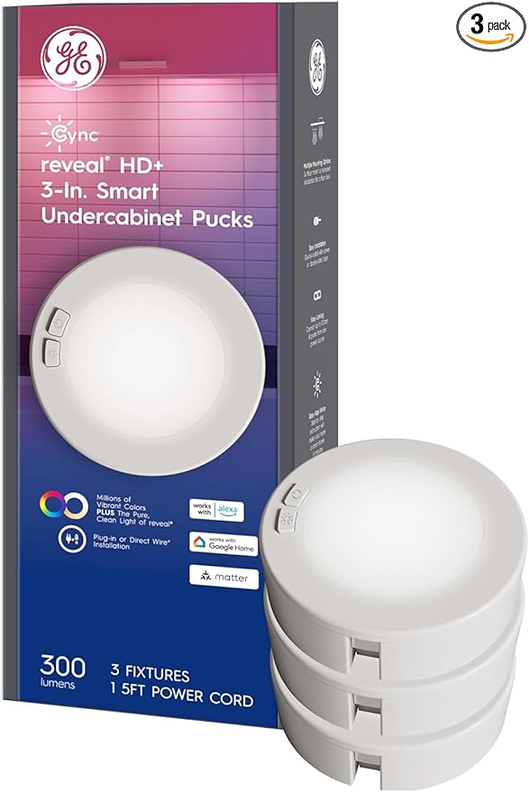 GE Cync Reveal HD+ Smart Undercabinet Puck Light Fixtures, Color Changing Undercab Puck Lights, Smart Wi-Fi Kitchen Lights, Works with Alexa and Google Home, 3-in (3 Pack)