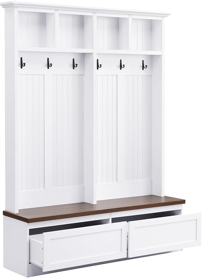 LUMISOL Farmhouse Hall Tree with Storage Bench for Entryway, 4-in-1 Hallway Coat Rack with 6 Hanging Hooks, Shoe Cabinet with Open Compartments and 2 Large Drawer, for Mudroom, White