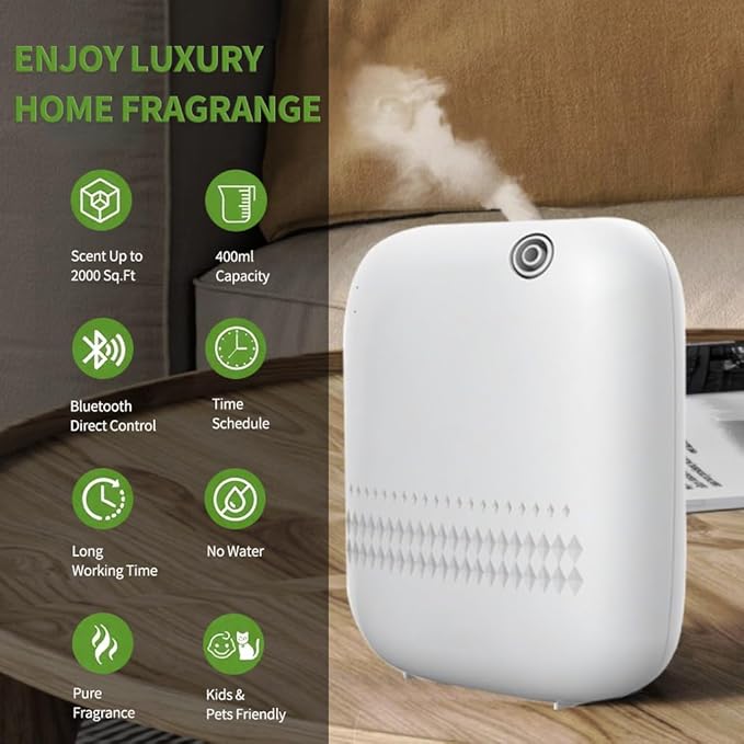 Waterless Essential Oil Diffuser for Home Large Room & Commercial Use, Covers Up to 2000 sq ft, 400mL Capacity, DC-12V/1A Plug-in Wall, App Controlled Cold Air Diffuser for Home, Office