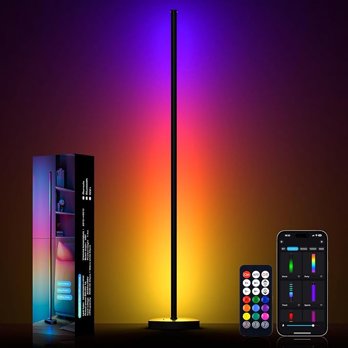 MIHEAL RGB Corner Floor Lamp, 57.5" Color Changing LED Corner Lamp with APP Control, Modern Standing Lamp with Music Sync and 16 Million DIY Colors, Heavy Base for Bedroom Living Room Gaming Room