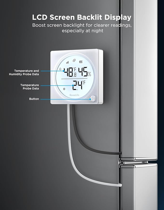 GoveeLife WiFi Refrigerator Thermometer Hygrometer Pro with 2 in 1 Alarm, Monitor Sensor for Freezer, Wireless Digital Freezer Temperature Humidity with App Alert, LCD Display(Gateway Not Included)