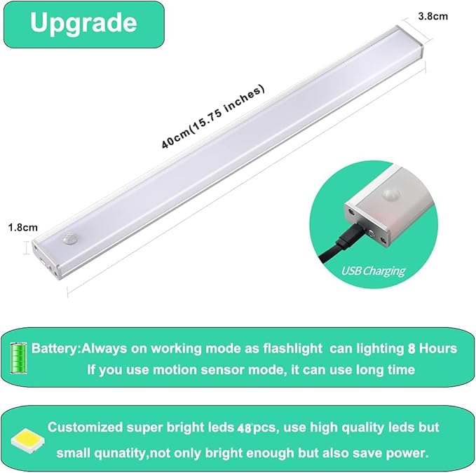 Battery Powered Operated Closet Lights Motion Sensored Activated Rechargeable Under Counter Cabinet Lighting Wireless Indoor Magnetic Lights for Closets Kitchen Wardrobe Stairs Pantry Cold White 40cm