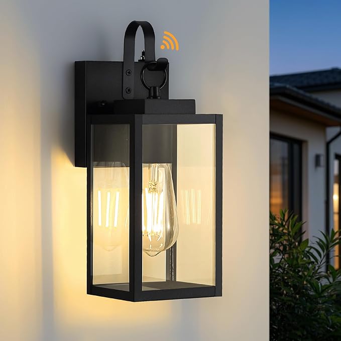 11.8-inch Dusk to Dawn Outdoor Wall Lights, Black Exterior Light Fixture with Clear Tempered Glass, IP65 Waterproof All-Metal Sconce for Porch, Front Door, Garage