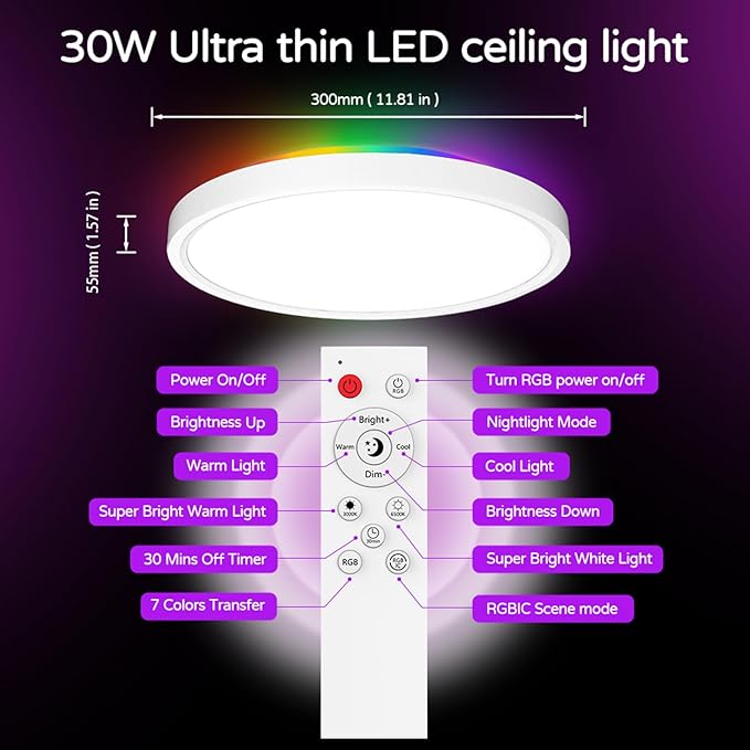 Smart Ceiling Light with Remote, 30W 2700LM Flush Mount Light Fixture LED WiFi, Works with Alexa Google Home, 2700K-6500K Color Changing Ceiling Lights for Bedroom Kitchen Living Room,12 Inch