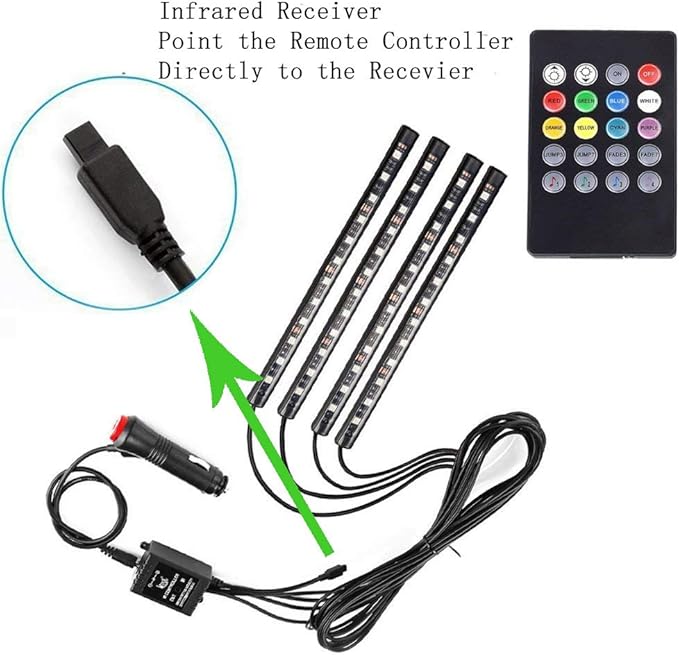 Car LED Strip Light,Uniwit 4 Pieces DC 12V 72 LED Multicolor Car Interior Music Light LED Underdash Lighting Kit with Sound Active Function and Wireless Remote Control Including Car Charger