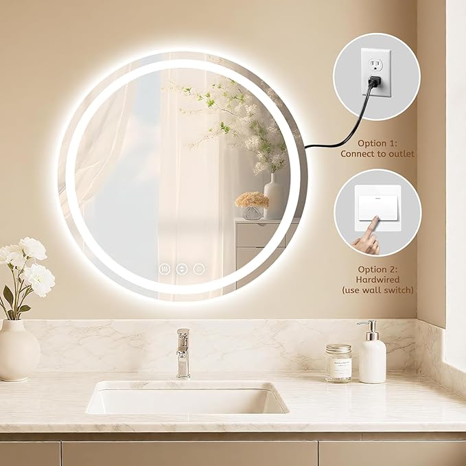 Led Bathroom Mirror with Lights, Anti-Fog & Tri-Color Lighting - Wall Mounted Shaving Mirror with Touch Sensor, Waterproof Smart LED Vanity Mirror Tempered Glass Dimmable (24" L x 24" W)