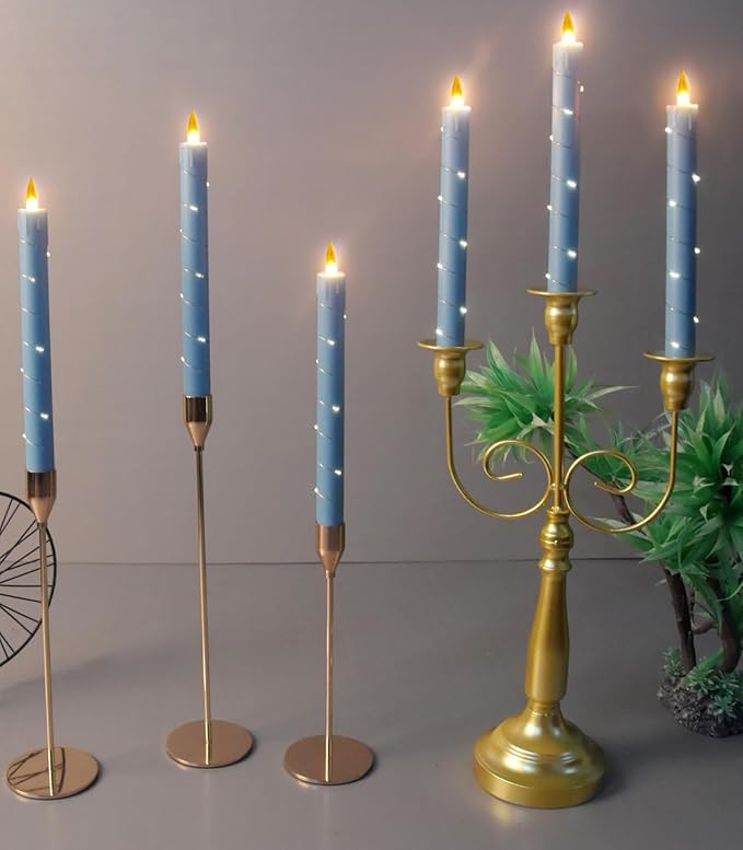 Flameless Cone Candle with Built-in Star String Light, 11 Button Remote Control, Timer, Battery Powered, Analog Flame, 3 Pack of Window Candles, Christmas Home & Wedding Decoration (Sky Blue)