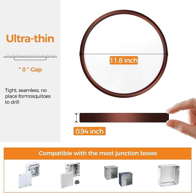 slochi LED Flush Mount Ceiling Light Fixture, 3000K-4000K-6500K & 100W Equivalent Modern Kitchen Recessed Ceiling Lamp 24W 3200Lm 12Inch Closet Round Surface for Bathroom Laundry-Oil-Rubbed Bronze