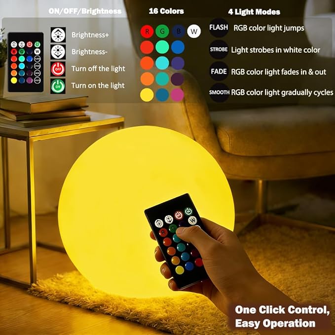 20-inch Large LED Globe Orb Light, Rechargeable LED Ball Light, Dimmable 16 RGB Colors Globe Floor Lamp w/Remote, Indoor/Outdoor Waterproof Glowing Orb Mood Lamp for Home Garden Patio Party