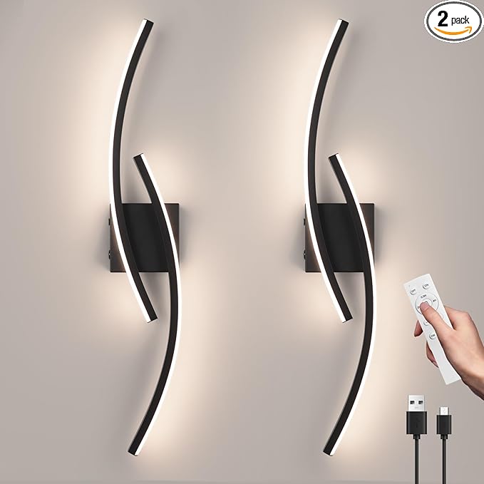 Battery Operated Wall Sconce Set of 2,Black Wall Sconces with Remote Control,3000K-6000K Modern LED Wireless Wall Light for Living Room, Hallway, Bedroom, 39.3 Inch (2 Pack)