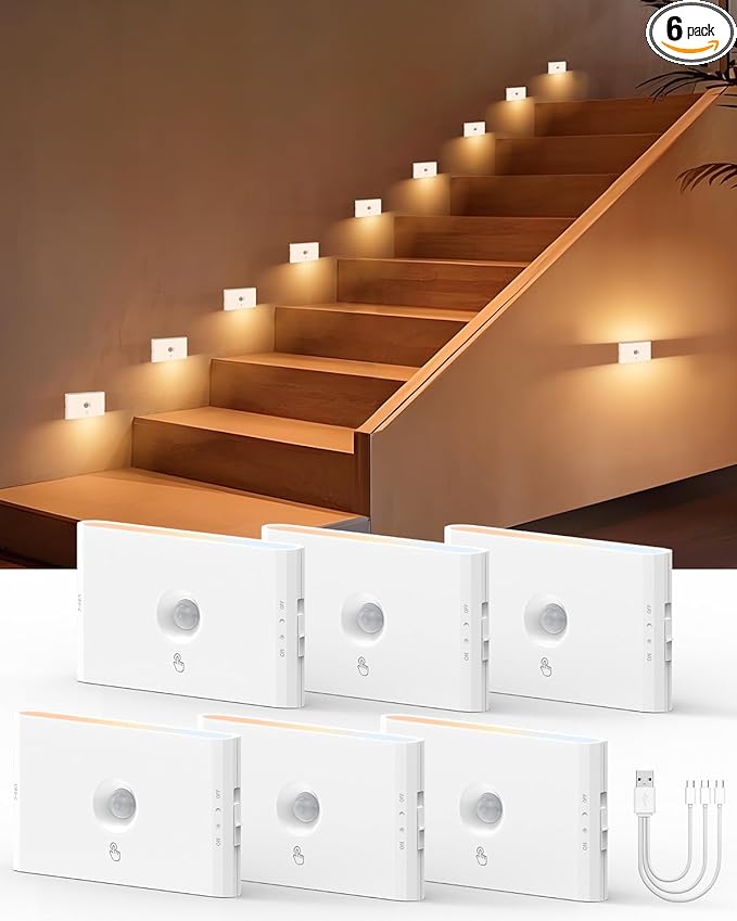 Yiliaw 6-Pack Rechargeable Motion Sensor Stair Lights White, Dimmable Night Lights with 3 Modes & 3 Color Temperatures, Magnetic, Stick-On Stair Lights Indoor for Hallway, Stairway, Bathroom, Kitchen