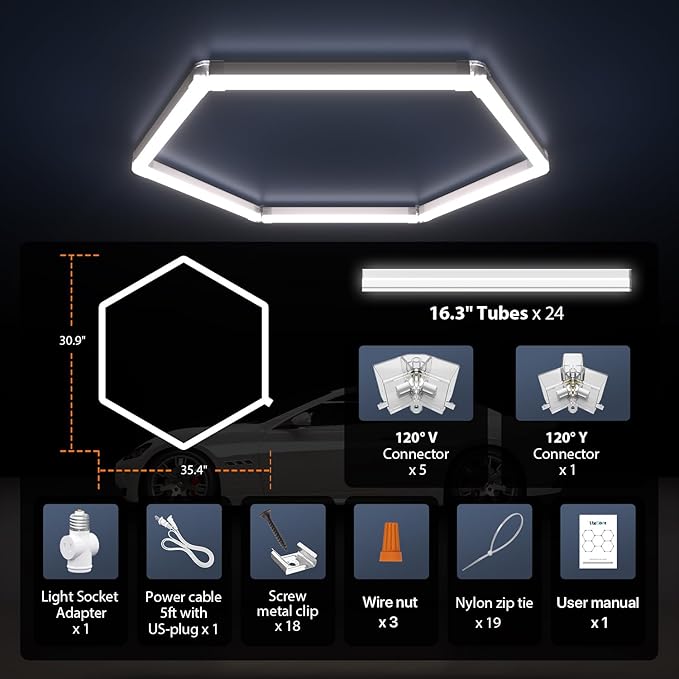 Hexagon Garage Lights, 1-HEX Updated Bigger Size, 7200lm Super Bright Car Detailing Ceiling, Led Hexagon Lights, Honeycomb Lights for Detailing, Workshop, Home Gym, Basement Garage