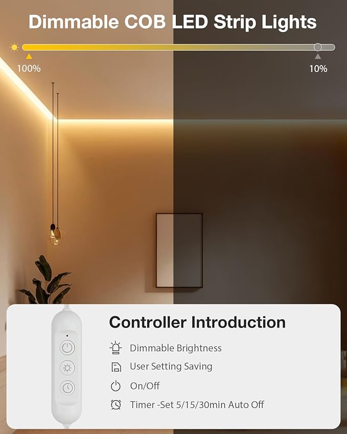 Aclorol 20FT LED Strip Lights IP67 Waterproof 5V USB COB LED Strip Light with Self-Adhesive Warm White Dimmable Tape Light for Kitchen Cabinet Shower Niche RV Awning Lighting Outdoor Patio Decoration