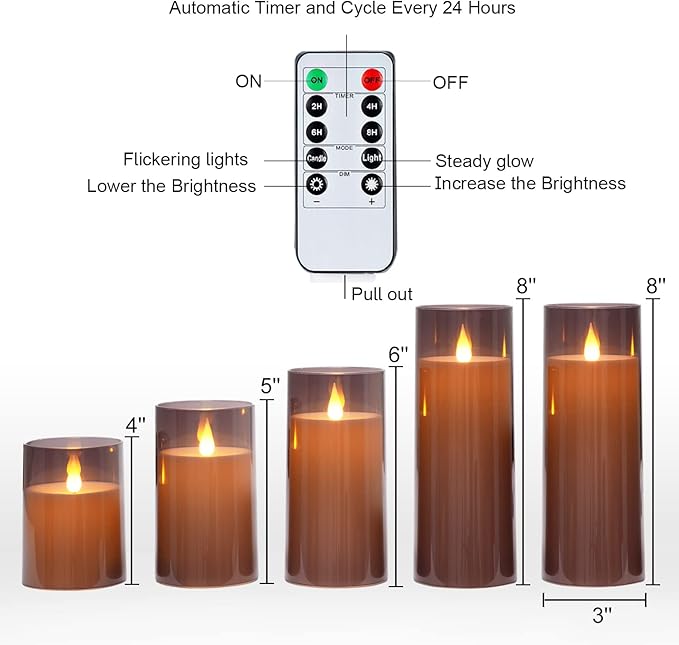 Homemory Gray Flickering Flameless Candles, Battery Operated Acrylic LED Pillar Candles with Remote Control and Timer, Halloween Decor, Set of 5