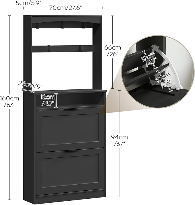 Tall Shoe Cabinet with Flip Drawers and Coat Rack, Floor Standing Modern Shoe Storage Organizer, 2-in-1 Hall Tree with Movable Hooks and Open Shelves, for Entryway, Black SC01BKY1