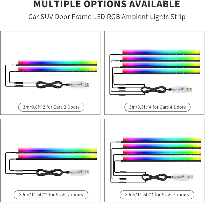 Car SUV Door Frame Ambient Light Lighting, Car Door Ambient Lights LED RGB, Automotive Auto Interior USB Neon Accent Lights Strip Accessories, App Remote Control Music Sync, Acrylic, 2 Pack*9.84ft
