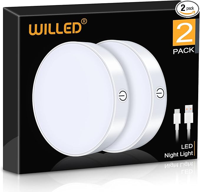 WILLED Dimmable Touch Light Buit-in 1000mAh Large Battery Rechargeable LED Tap Lights | Magnet Stick on Closet Portable Puck Night for Cabinet, Wardrobe, Counter, Kitchen, Bedroom(2 Pack)
