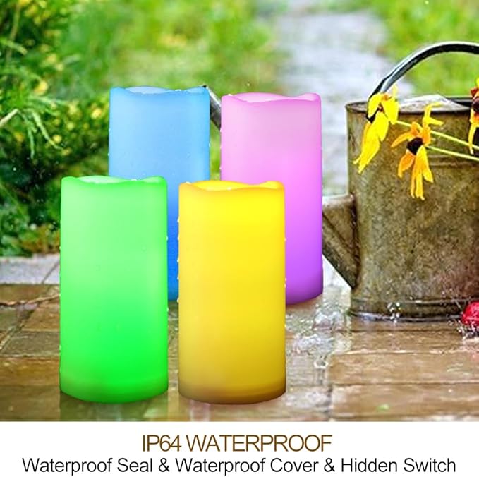 4-Pack Multicolor 3x6 Outdoor LED Pillar Candles with Timer and Remote - IP64 Waterproof Color Changing LED Pillar Candles - Battery Operated Flickering Flameless Candle Unscented