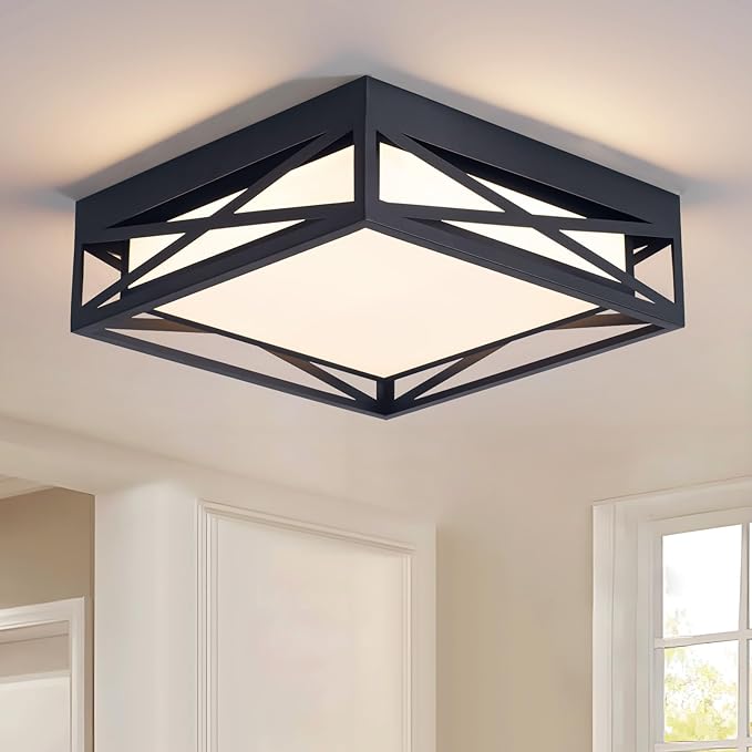 Modern LED Ceiling Light Fixture, Square LED Flush Mount Hallway Light Fixtures, Farmhouse Black Close to Ceiling Light for Hallway Bedroom Balcony Porch Stairway Ceiling Lamp (Square, 3000K)