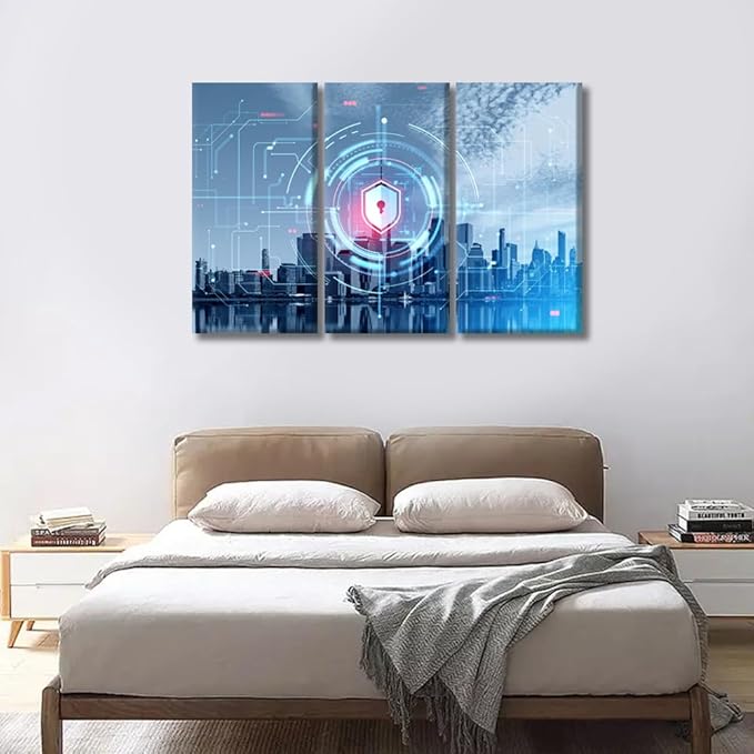 3 Panel Digital Cybersecurity Concept Wall Art Internet Security and Global Protection Pictures Print On Canvas for Hotel Home Wall Decora,Posters and Prints Framed Ready to Hang, 20x40inchx3