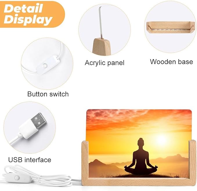Night Light Acrylic Night Lights with USB Cables Yoga Meditation Acrylic Display Boards with Wooden Light Base Dimmable Night Lights for Home Bar Cafe Office 10.3x15.5cm