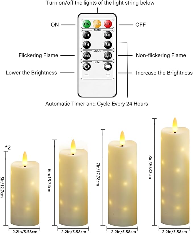 Outdoor Waterproof Flickering Flameless Candles with Timer,5Pcs Battery Operated LED Pillar Candles with Embedded Star String for Outdoor Lanterns,Porch,Patio Decor(Ivory)