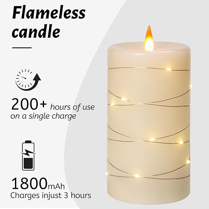 Rechargeable Flameless Candles, LED Candles, Candles with Remote and Timers, Real Wax Pillar Candles, with Flickering Embedded Star String，Ivory White, Set of 2