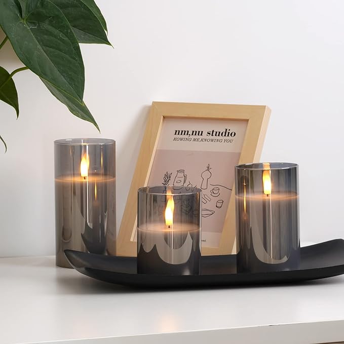 Amagic Grey Glass Flameless Candles, Halloween Battery Operated Candles, LED Pillar Candles with Remote Control and Timer, Electric Fake Candles for Holiday Spooky Decor, Wax, D3 H4 5" 6", Set of 3