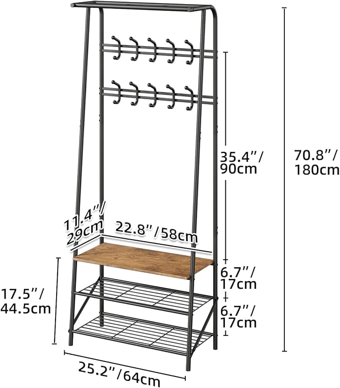 Coat Rack Shoe Bench with 5 Hooks, Entryway Hall Trees with Storage, Multifunctional Hallway Organizer, Wood Look Accent Furniture with Metal Frame, 4-in-1 Hall Trees Shoe Bench (2 Rows-10 Hooks)