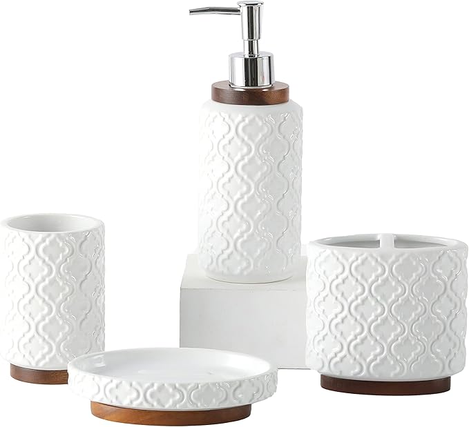 RQYIXI Elegant 4 PCS Ceramic&Wood Bathroom Accessories Set:Soap Dispenser,Toothbrush Holder,Tumbler,Soap Dish,Easy to Clean,Quatrefoil Pattern,White-Affordable Luxury for Home Decor Enthusiasts