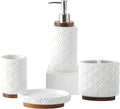 RQYIXI Elegant 4 PCS Ceramic&Wood Bathroom Accessories Set:Soap Dispenser,Toothbrush Holder,Tumbler,Soap Dish,Easy to Clean,Quatrefoil Pattern,White-Affordable Luxury for Home Decor Enthusiasts