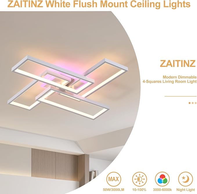 Modern LED Ceiling Lights for Bedroom,50W Led Flush Mount Ceiling Lamp,Dimmable Square Ceiling Light Fixture with Remote Control for Living Room,Kitchen,Balcony,White,3000-6000K