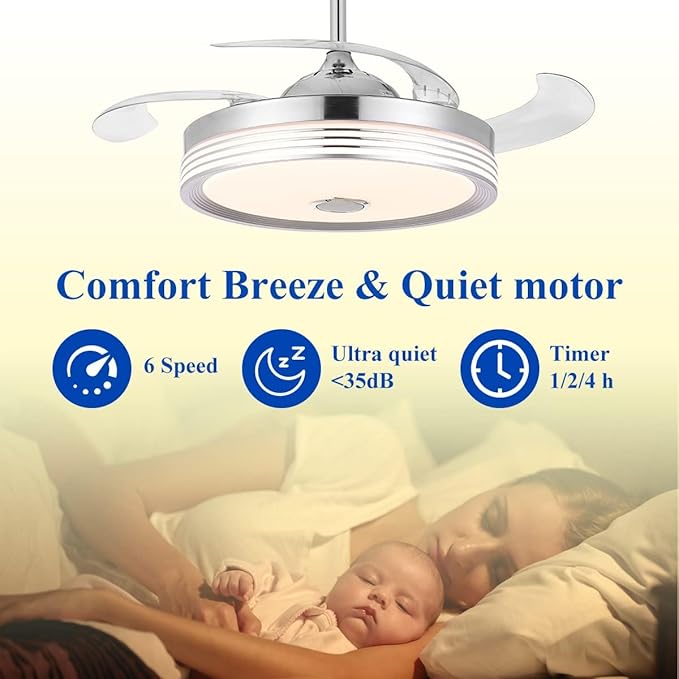 42 inch Retractable Ceiling Fan with Lights and Remote Control, 6Speed Dimmable Fandelier, Modern Smart Ceiling Fan Light with Bluetooth Speaker, RGB Color Reversible Bedroom Living Room