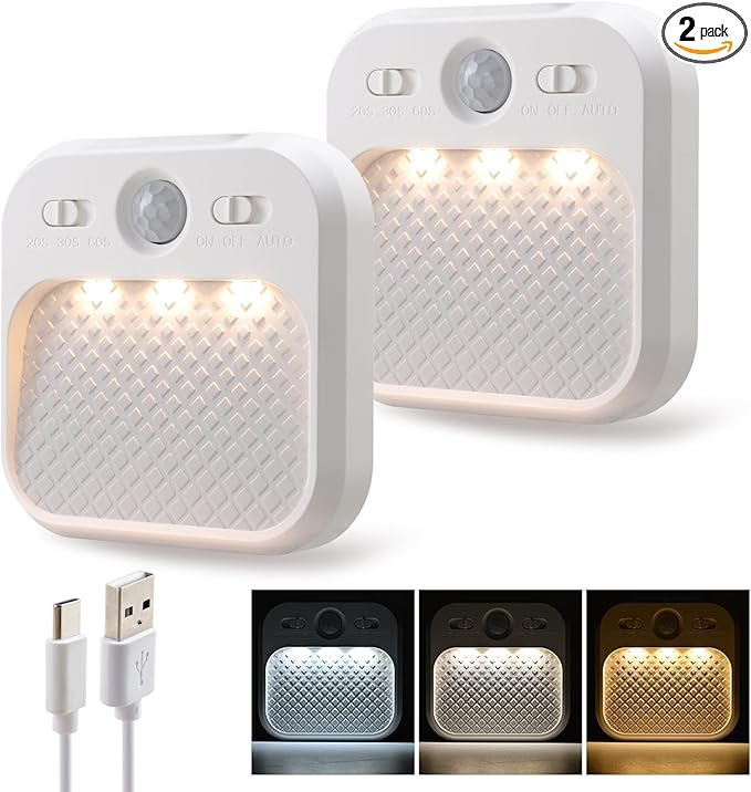 Motion Sensor Cabinet Lights Rechargeable with Timer, Day & Night Sensor Modes, Under Cabinet LED Light with 3 Color Temperatures Stepless Dimming, Magnetic Closet Light for Kitchen, RV, Cruise