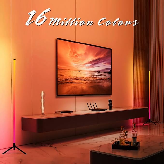 RGB LED Corner Floor Lamp，DIY Floor Lamp with Music Sync and 16 Million Colors, 15 Dynamic Modes, App & Remote Control,Standingl Corner Changing Ambience Light, for Living Bedroom Room Gaming Room