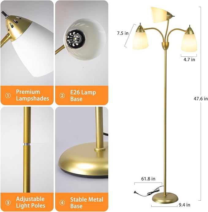 DINGLILIGHTING Floor Lamp Gold for Room: 3-Light Adjustable Flexible Gooseneck Tree Standing Lamp for Bedroom Study Room Office - Modern Multi Head Reading Floor Lights