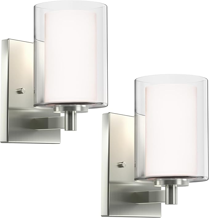 Kalium Wall Sconces Set of Two Modern Vanity Lights with Double Clear Glass Shade Brushed Nickel Indoor Farmhouse Wall Light for Bathroom Living Room Bedroom Mirror Hallway Bulb E26 Base (2PCS)
