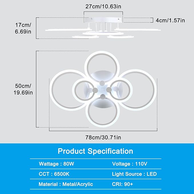 DELIPOP Modern Ceiling Light, White 6 Rings Flush Mount Ceiling Light, 31 Inch 6500K Cool White Led Chandelier Lighting for Bedroom, Living Room, Kitchen, Dining Room